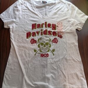 Harley-Davidson White Tee with Red and Green Graphics